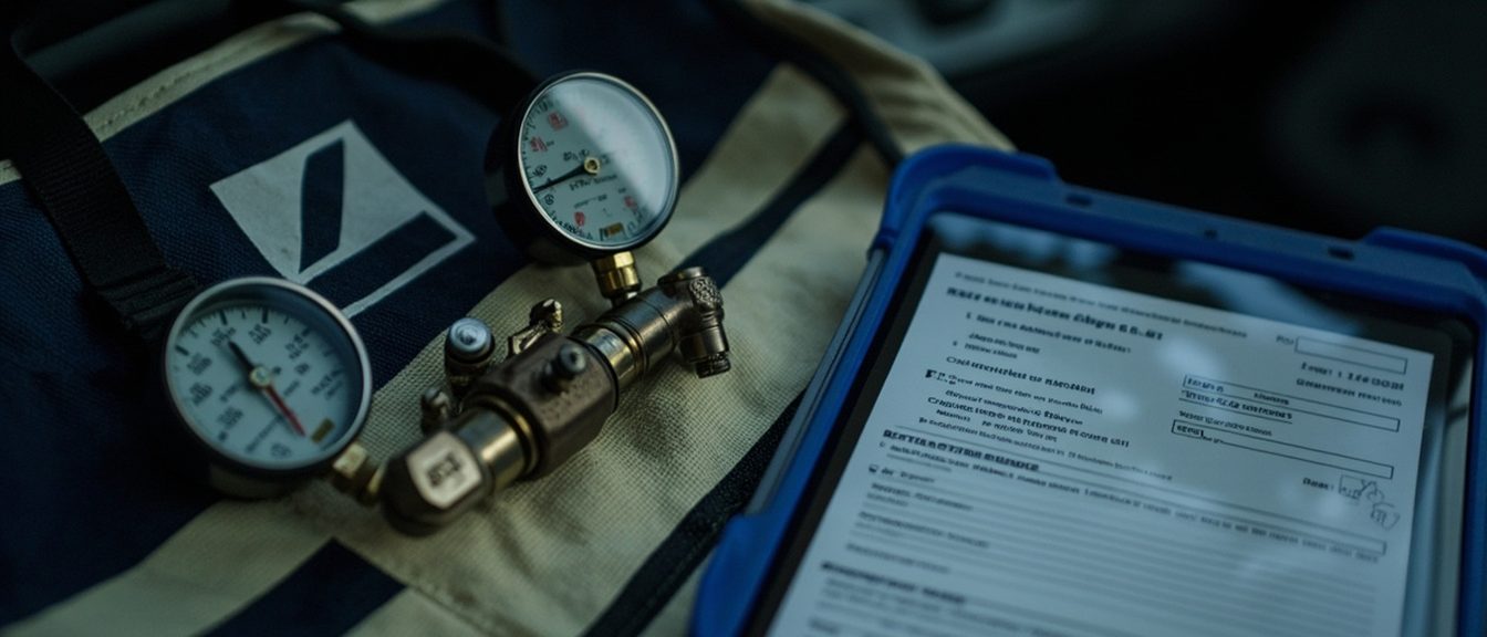 Manifold gauges and a tablet job checklist in a service van