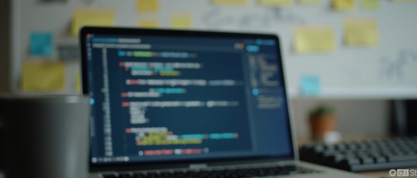 A laptop showing a code diff with a sprint board behind