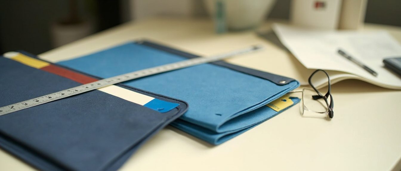 Three folders side by side with a ruler laid across them