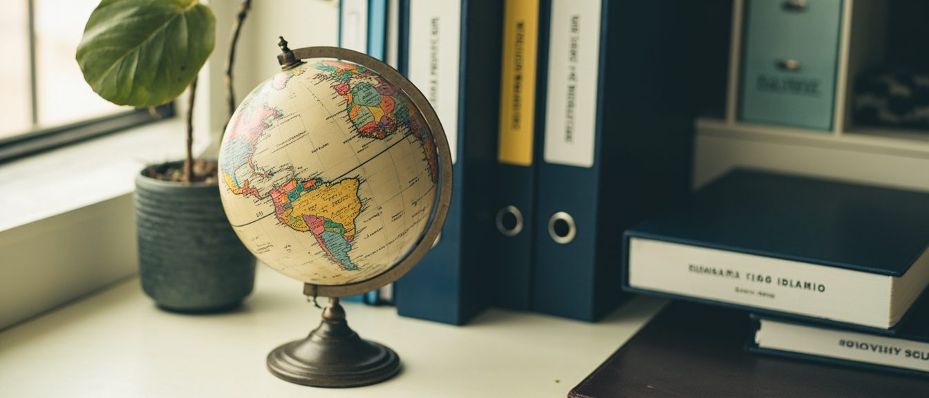 A desk globe beside company archive binders